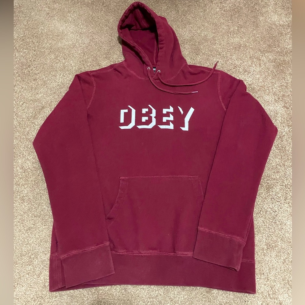 GENTLY USED OBEY “SHADOW BLOCK LOGO” HOODIE IN MAROON RED SIZE LARGE NICE WARM!!